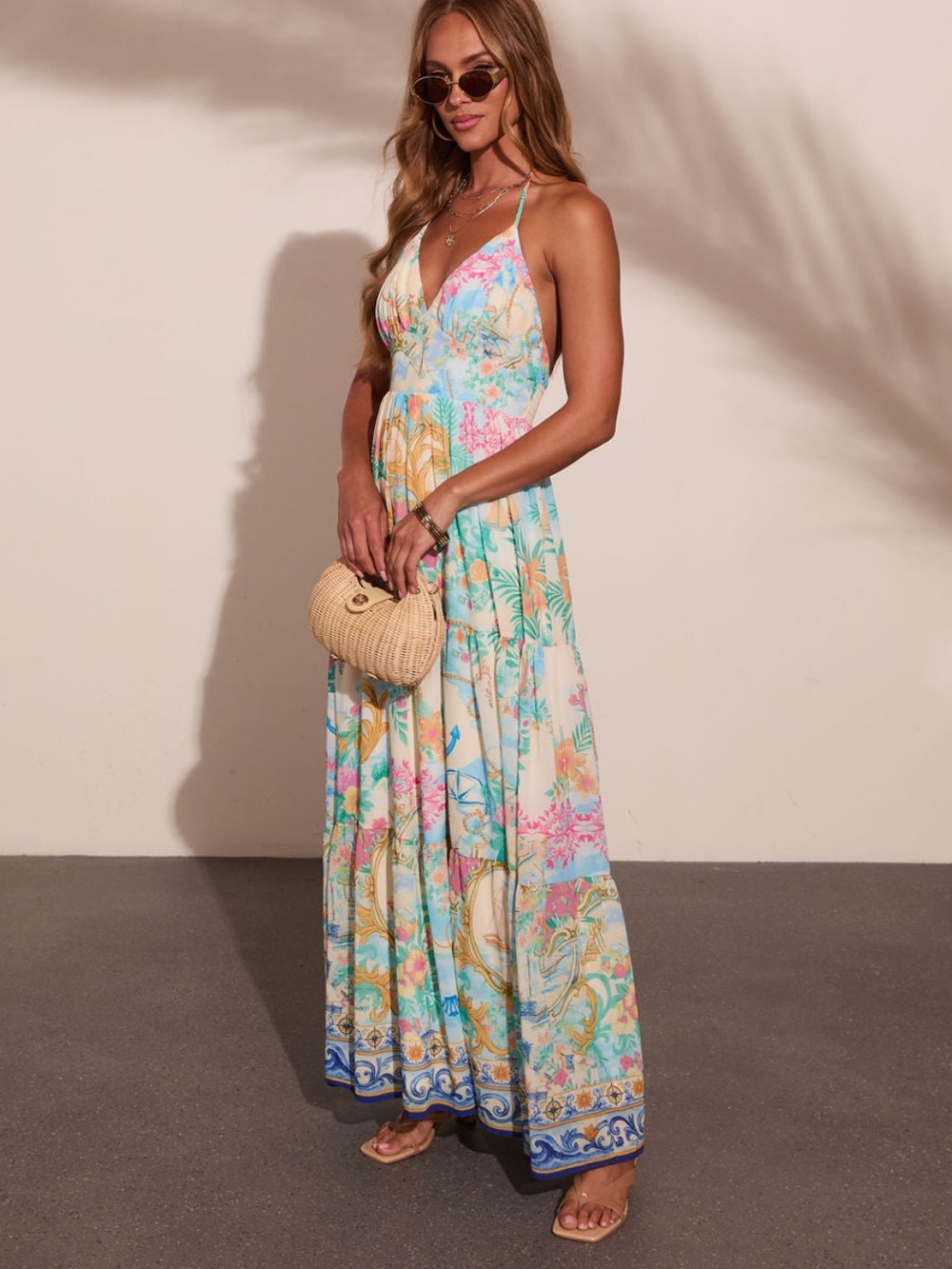Vici Pastel Floral V-Neck Maxi Dress in Mint, Pink & Blue. New! - Picture 2 of 6